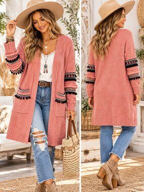 ANDTHEWHY Chenille Cardigan Salmon Pink Boho Open Front Oversized S/M